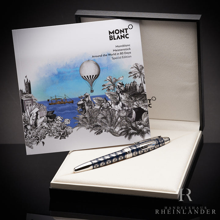 Dunkelblau-silberner Rollerball mit Wellenmuster zusammen mit Serviceguide in Originalbox