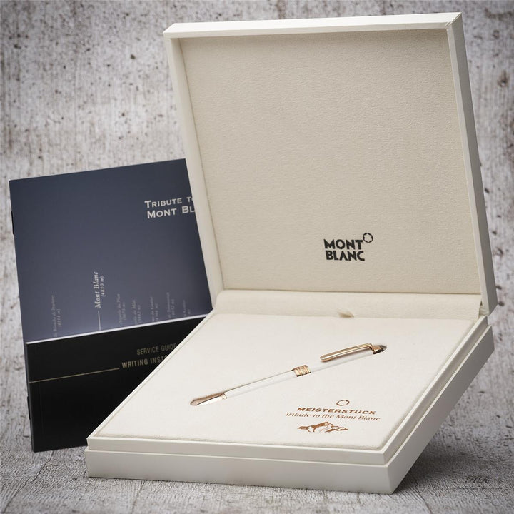 Weißer Stift in weißer Originalbox liegend, dahinter angelehnt der Serviceguide. Hintergrund hellgrau mit Holzoptik.