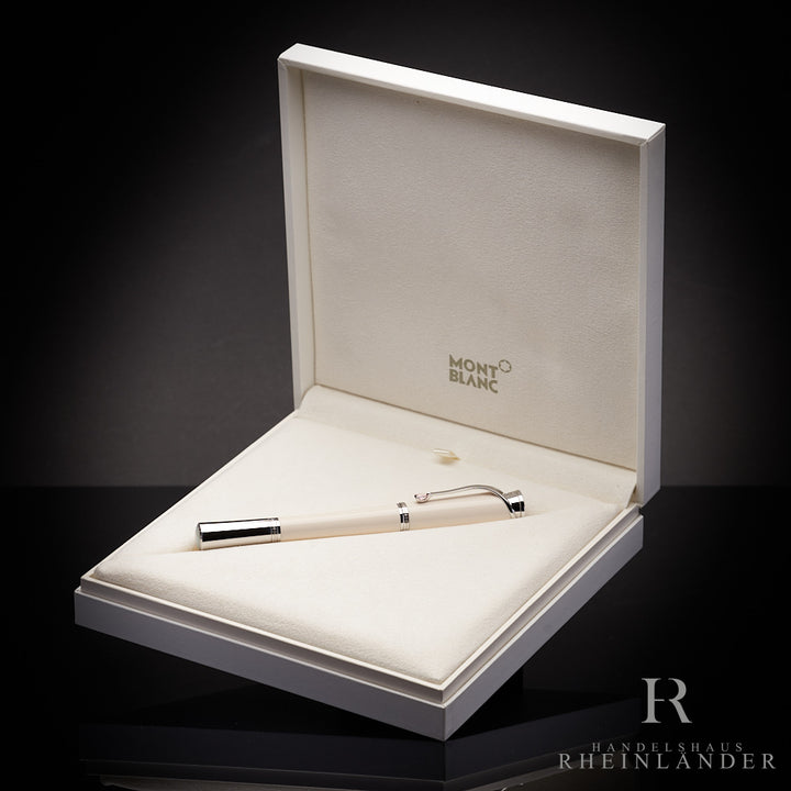 elfenbeinfarbener Montblanc Muses Princess Grace Rollerball Stift in heller Geschenkverpackung