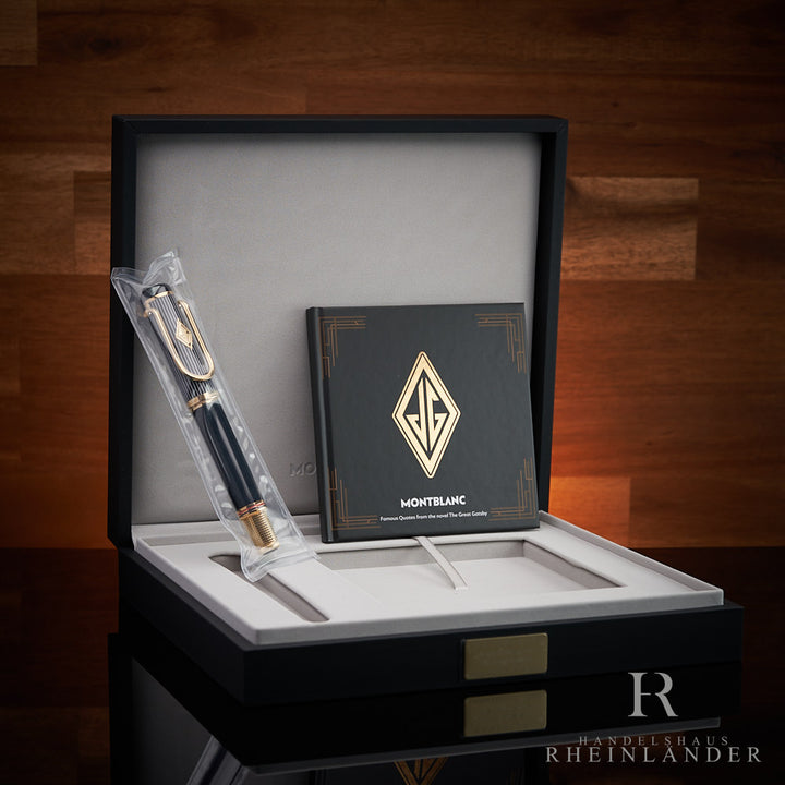 schwarz goldener Montblanc Gatsby Rollerball in Schatulle mit Begleitbuch