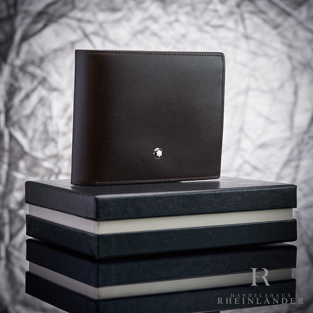 schwarze Geldbörse von Montblanc vor silbernem Hintergrund auf Montblanc Box
