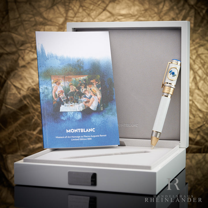 Weißer Renoir-Füller von Montblanc mit edlem Blumenornament auf der Kappe und silbernen und goldenen Beschlägen
