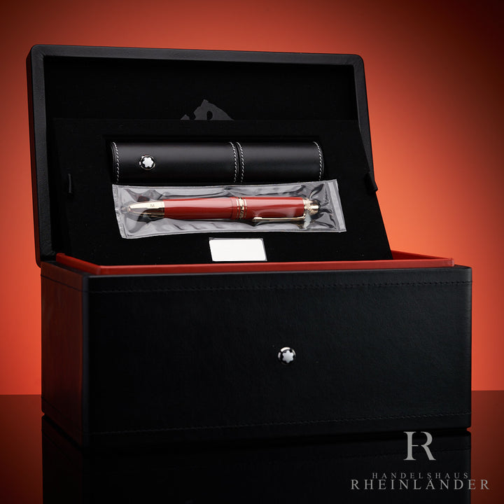 roter Montblanc Traveller Füller mit Etui in schwarzer Leder-Truhe