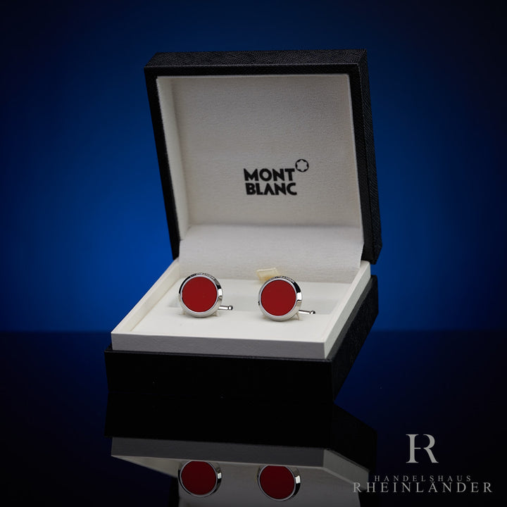 silberne Montblanc Manschettenknöpfe mit rotem Inlay in Geschenkbox