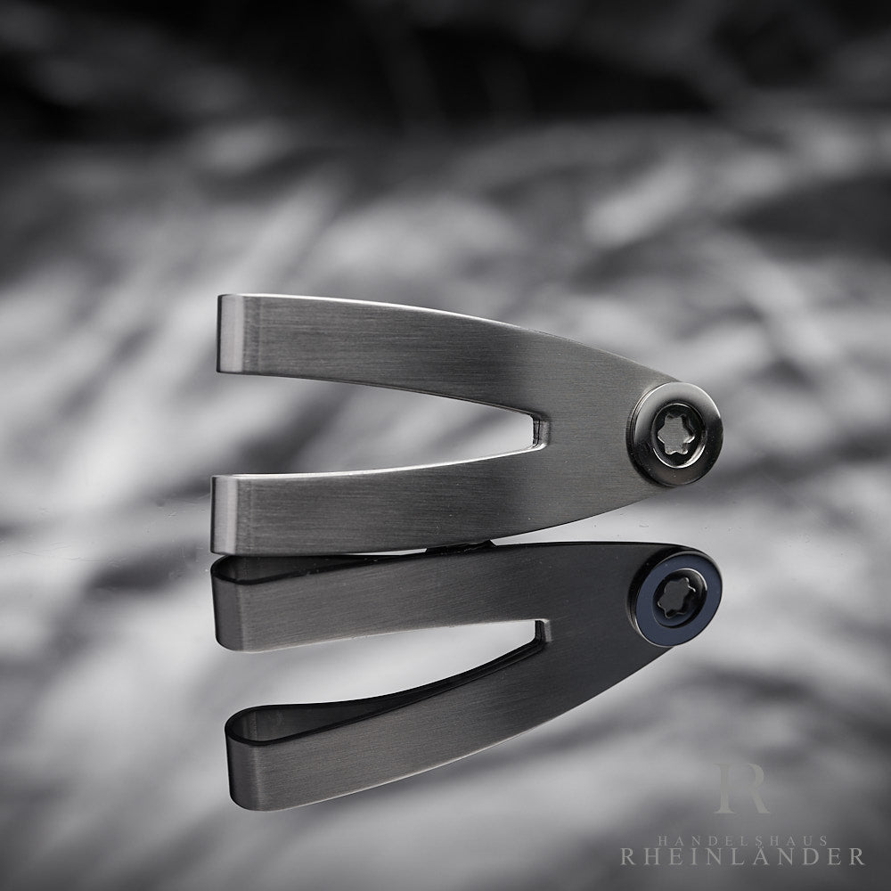 Metallene Geldklammer in gebürsteter Optik mit gestanztem Montblanc Logo auf spiegelndem, silbernem Hintergrund