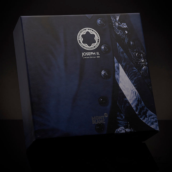 Blaue Karton-Umverpackung des Montblanc Joseph Füllers mit Emblem