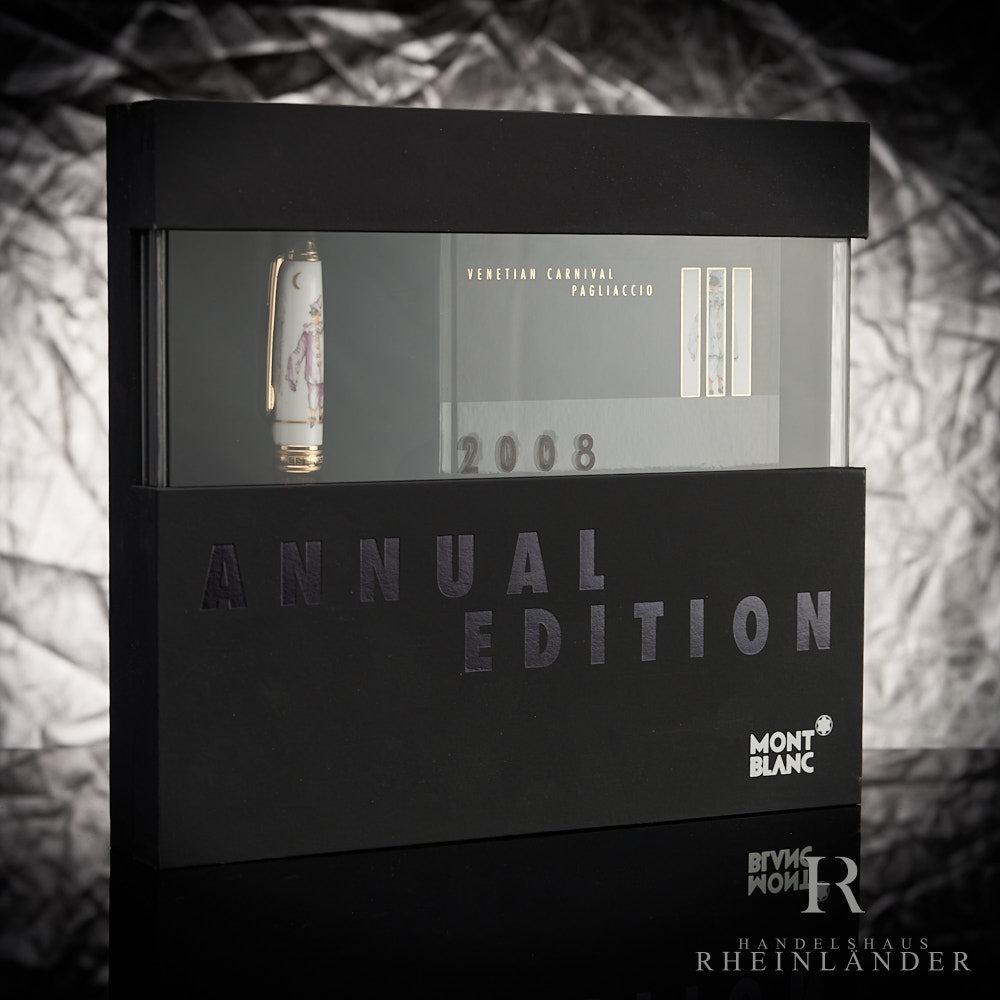 Montblanc Annual Edition 2008 Füller in Gold und Keramik vor silbernem Hintergrund in Geschenkbox