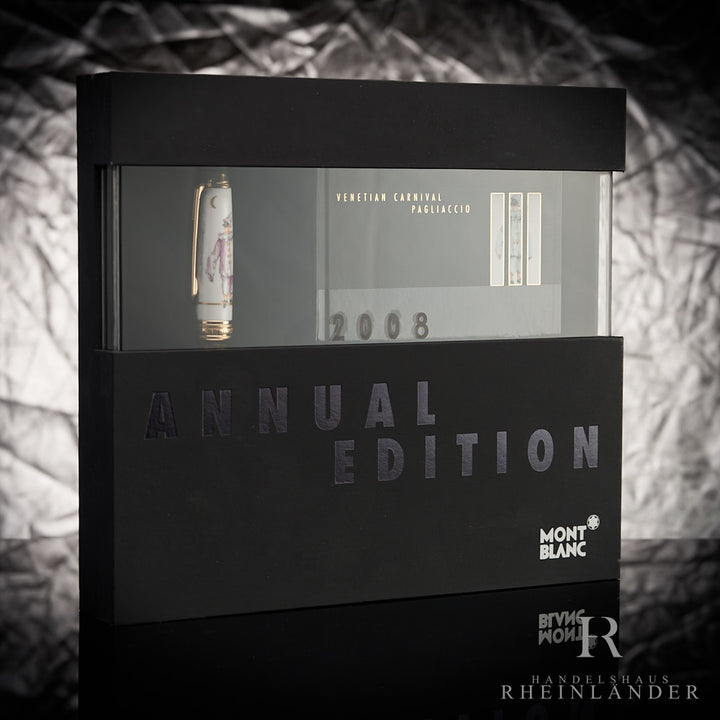 Montblanc Annual Edition 2008 Füller in Gold und Keramik vor silbernem Hintergrund in Geschenkbox