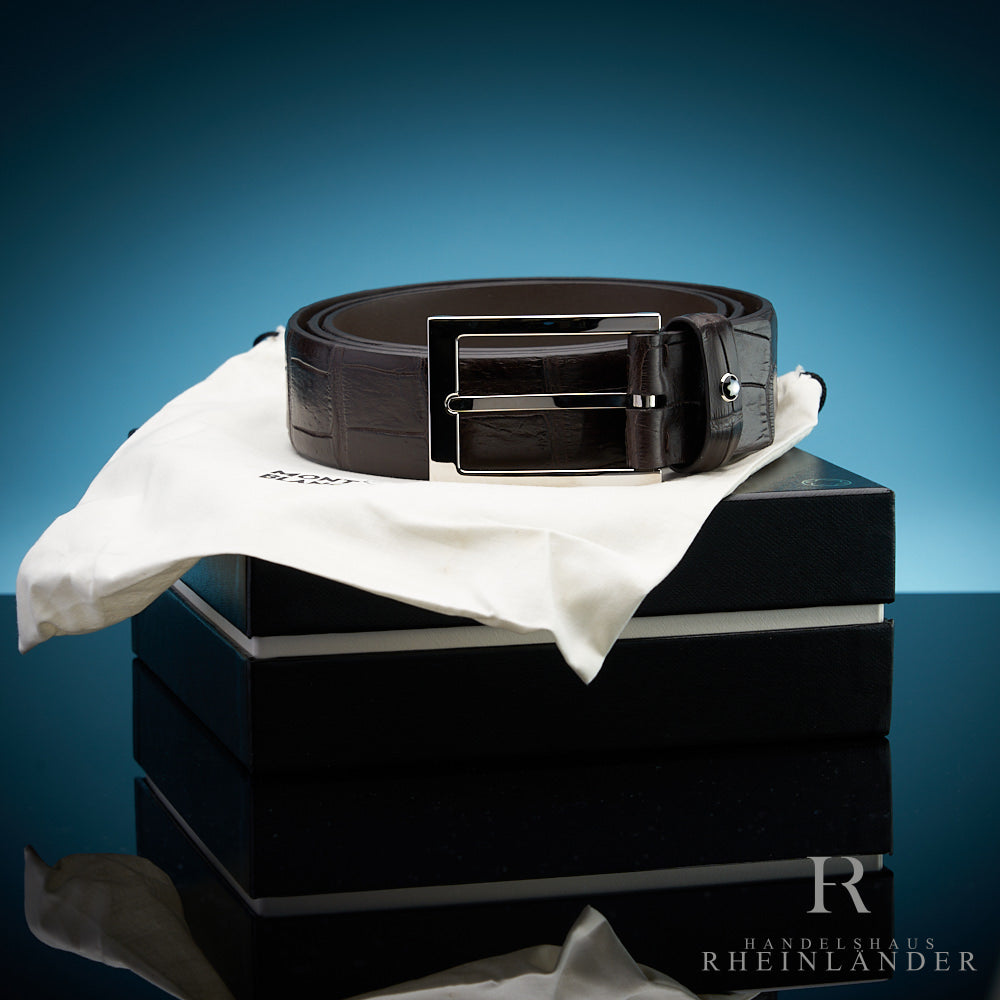 Montblanc Gürtel aus braunen Alligator- Leder mit Palladium-Schnalle