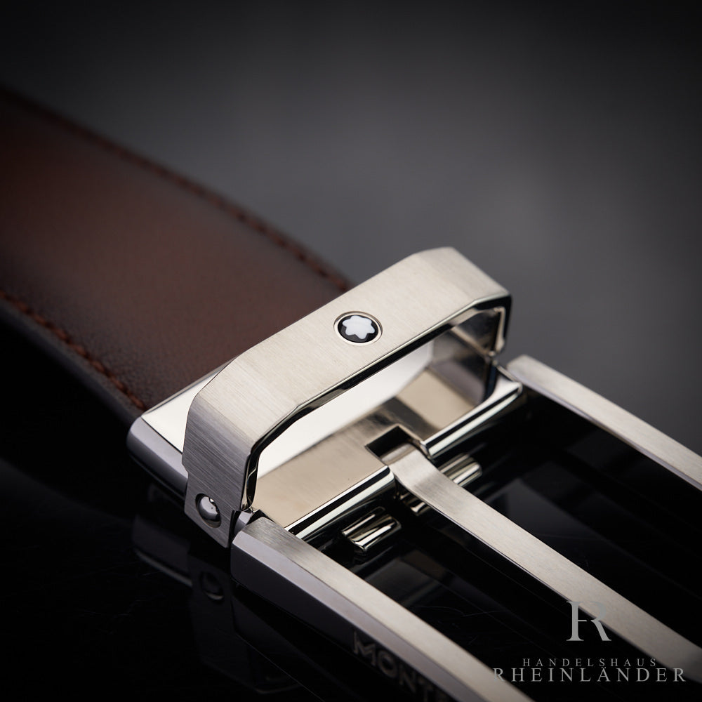 Montblanc Classic Line Stainless Steel Brown Sfumato Leather Belt ID 118416 OVP
