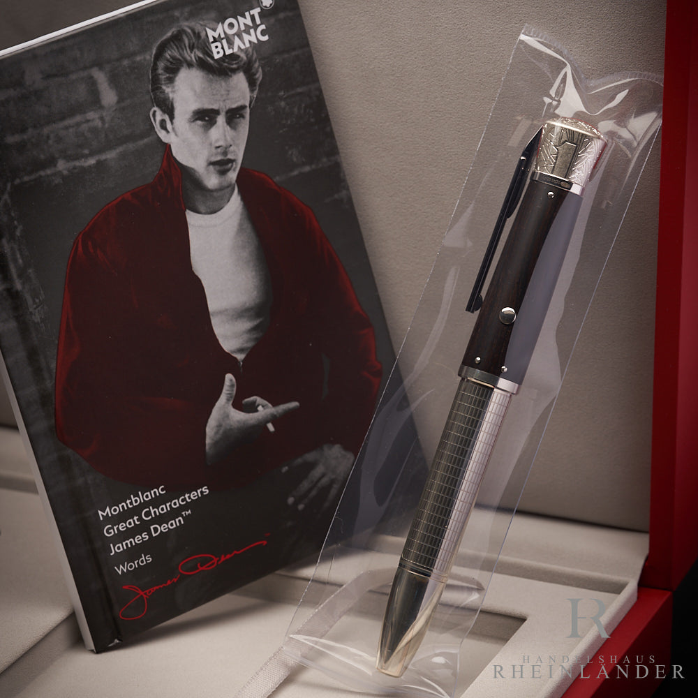Rollerball und Serviceguide mit Portrait von James Dean, beides aufgestellt in offener Editionsbox 