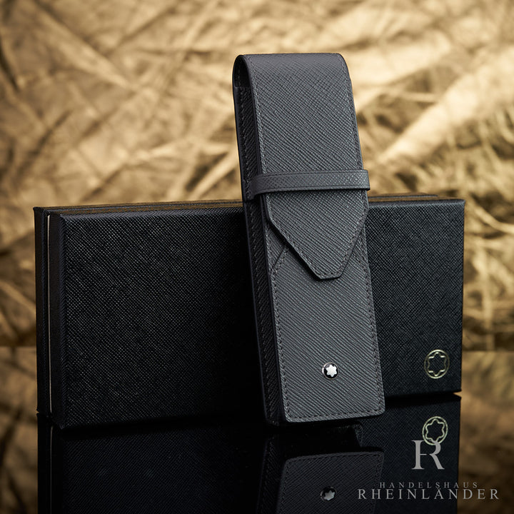 graues Montblanc Lederetui für 2 Schreibgeräte vor goldenem Hintergrund