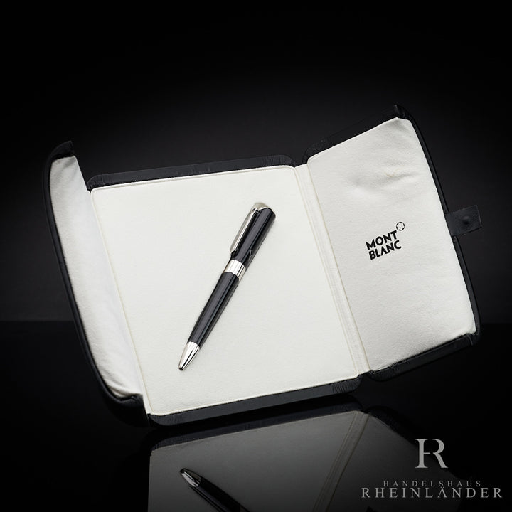 Schwarzer Kugelschreiber in offenem Editions-Etui vor schwarzem Hintergrund fotografiert