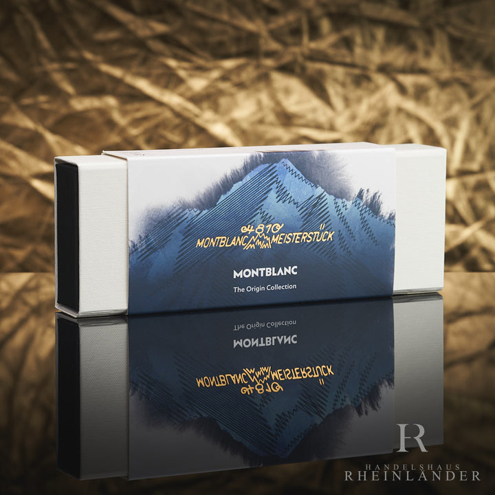 Weiße Montblanc Originalverpackung mit Banderole der Origin Collection und darauf aufgedrucktem blauen Bergmassiv