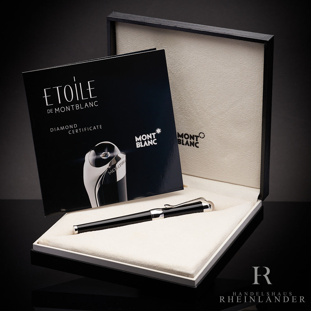 schwarzer Rollerball von Montblanc mit Diamant in der Kappe in Originalverpackung