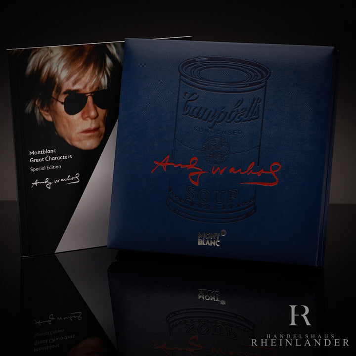 Blaue Originalschatulle mit Campbells Tomato Soup Motiv und Service Guide des Montblanc Andy Warhol Rollerballs