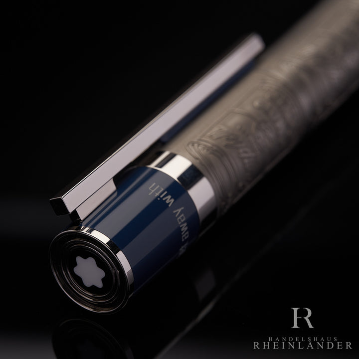 Kappenkopf des Montblanc Great Characters Andy Warhol Rollerballs mit Gravur und Montblanc Emblem 