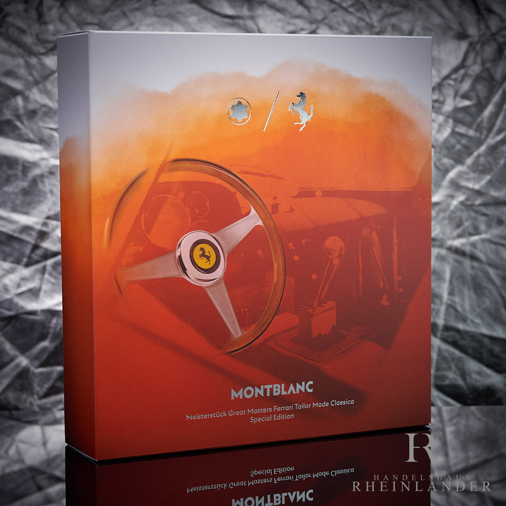 Rote Umverpackung des Montblanc Ferrari Classica Füllers stehend vor silbernem Hintergrund