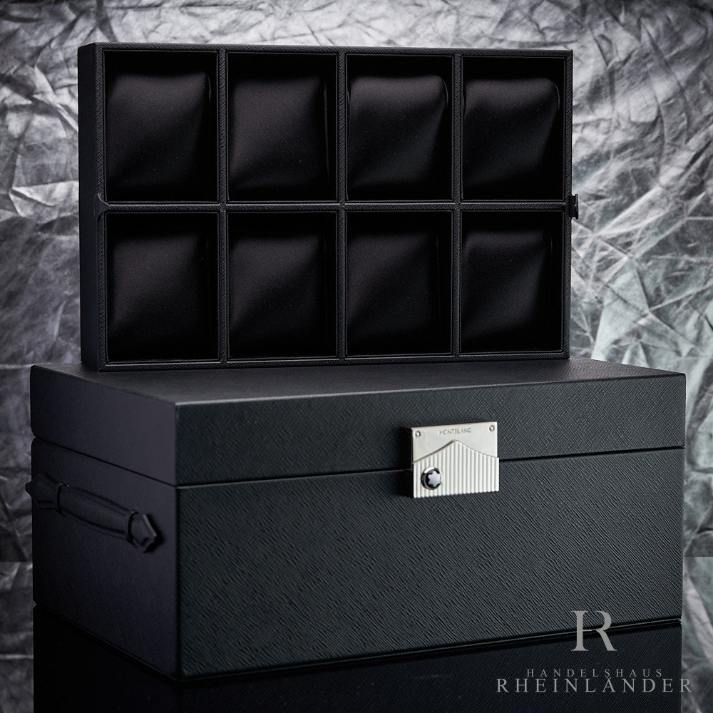 Montblanc Uhrenbox geschlossen mit draufstehendem Tray für 8 Armbanduhren vor silbernem Hintergrund