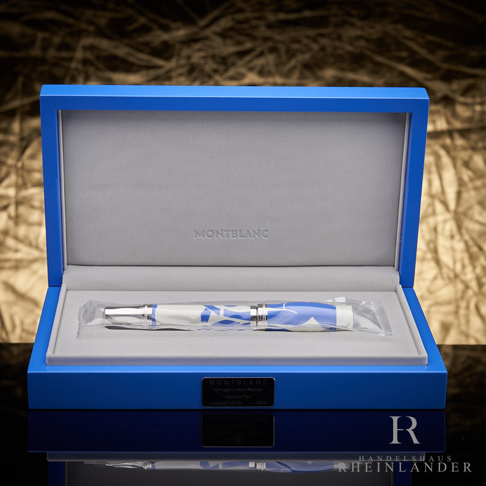 verschweißter Montblanc Henri Matisse limited Edition 4810 Füller in blauer Originalbox liegend vor goldenem Hintergrund