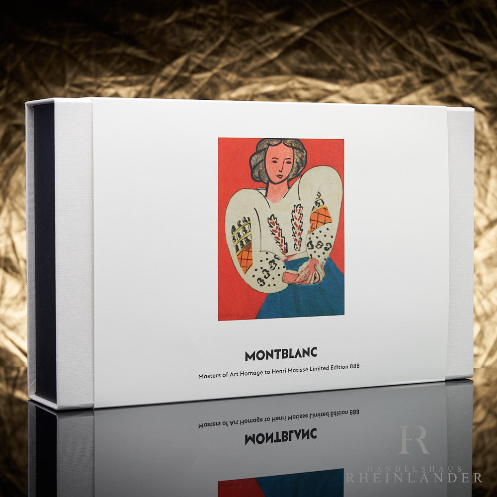 weiße Originalverpackung mit Bild von Henri Matisse der Montblanc Masters of Arts Limited Edition 888 Kollektion vor goldenem Hintergrund