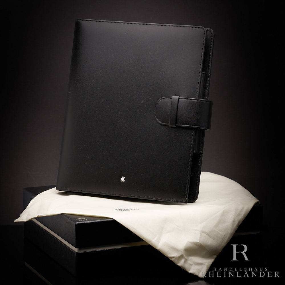 Schwarzer Montblanc Leder A5 Organizer auf stehend Originalverpackung und zugehörigen Staubbeutel