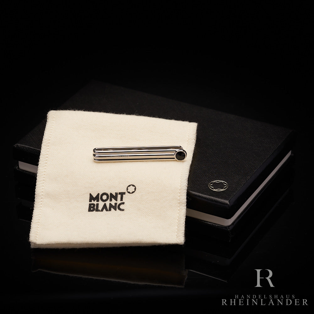 silberne Montblanc Krawattennadel mit schwarzem Onyx auf Originalverpackung
