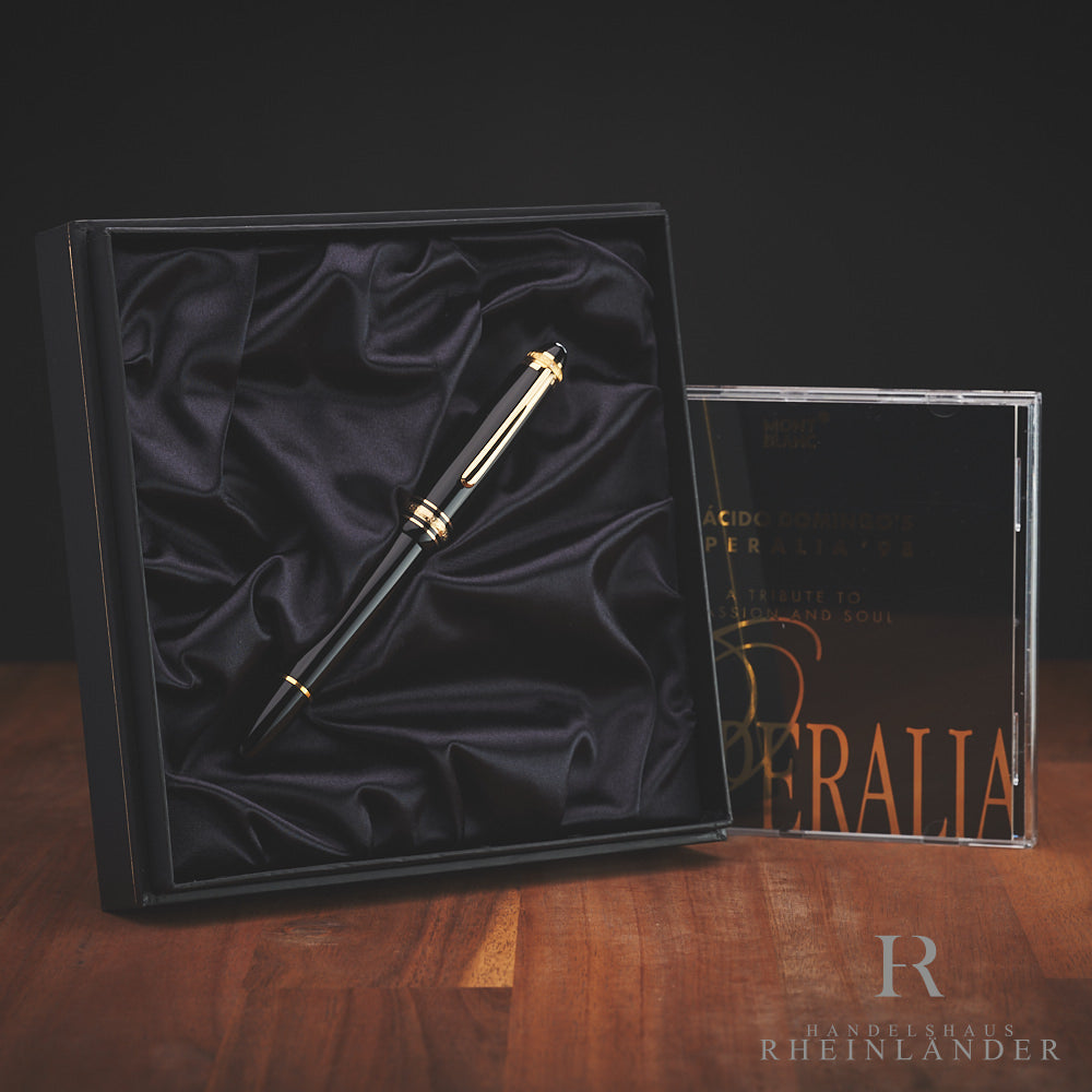 schwarzer Montblanc Füller in Geschenkbox mit CD auf Holztisch