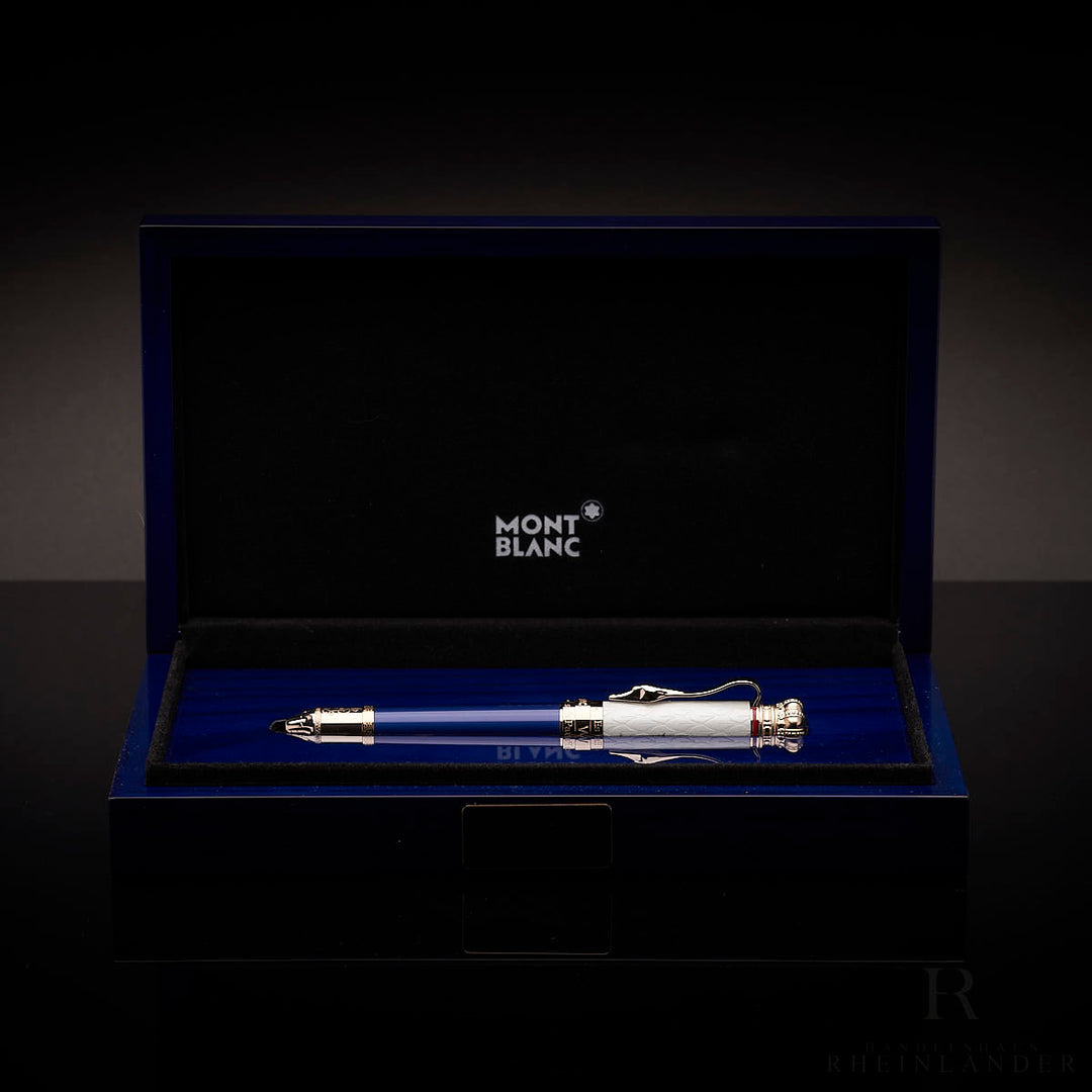 Füller von Montblanc in blau und weiß mit goldener Krone auf der Kappe in Originalverpackung