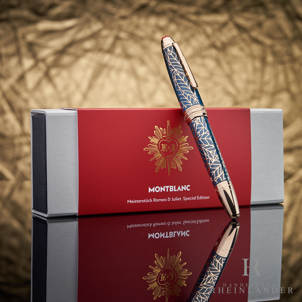 goldener Montblanc Romeo & Juliet Rollerball mit blauem Lackmuster angelehnt an die Originalverpackung