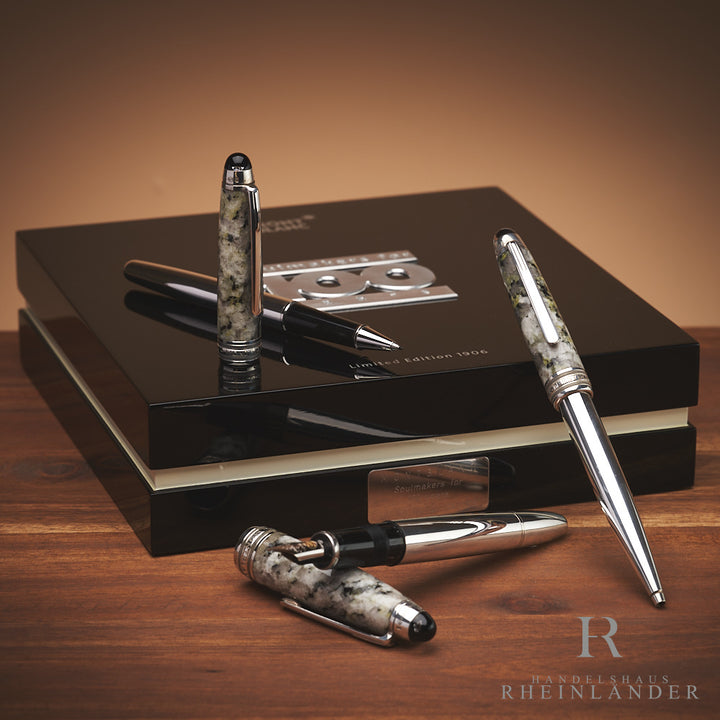 3er Meisterstück Schreibgeräte-Set auf schwarzer Klavierlack-Originalverpackung präsentiert